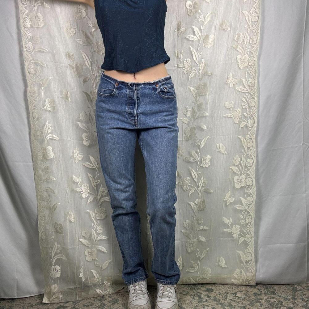 Levis 501 Raw Waist Waistband Straight Leg Jeans Medium Wash Button Fly